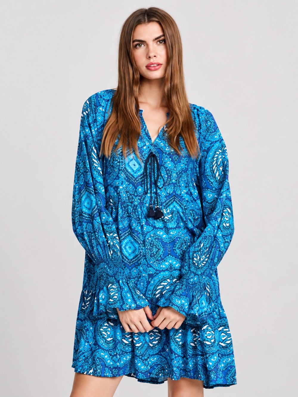 Figue Bella Ruffle Tassel Dress Maluku Batik Blue Floral Smocked Resort Size L